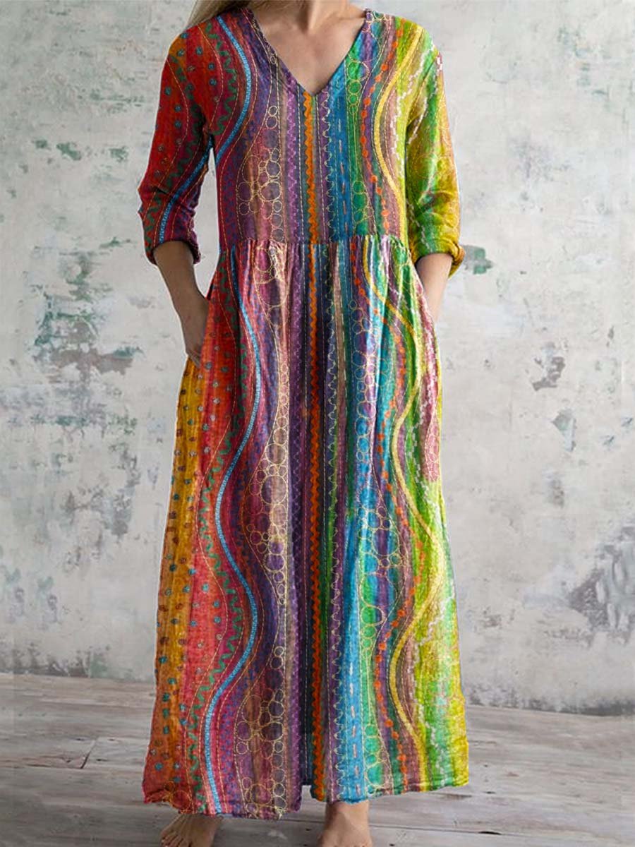 Women's V-neck Colorful Geometric Pattern Cotton Fabric Dress with Pockets