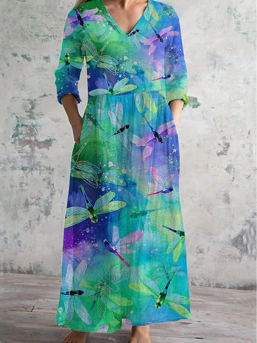 Women's V Neck Oil Painting Dragonfly Pattern Dress With Pockets