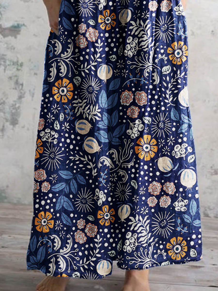 Women's Elegant Vintage Floral Pattern Cotton Dress With Pockets