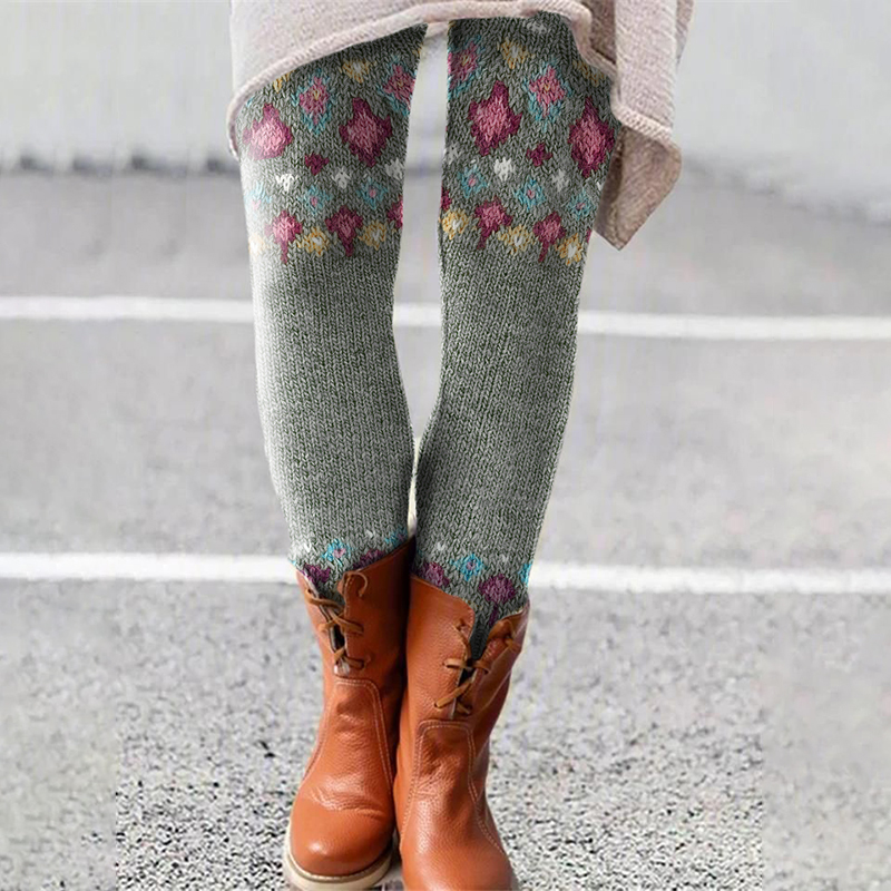 Contrast Diamond Knit Pattern Printed Leggings