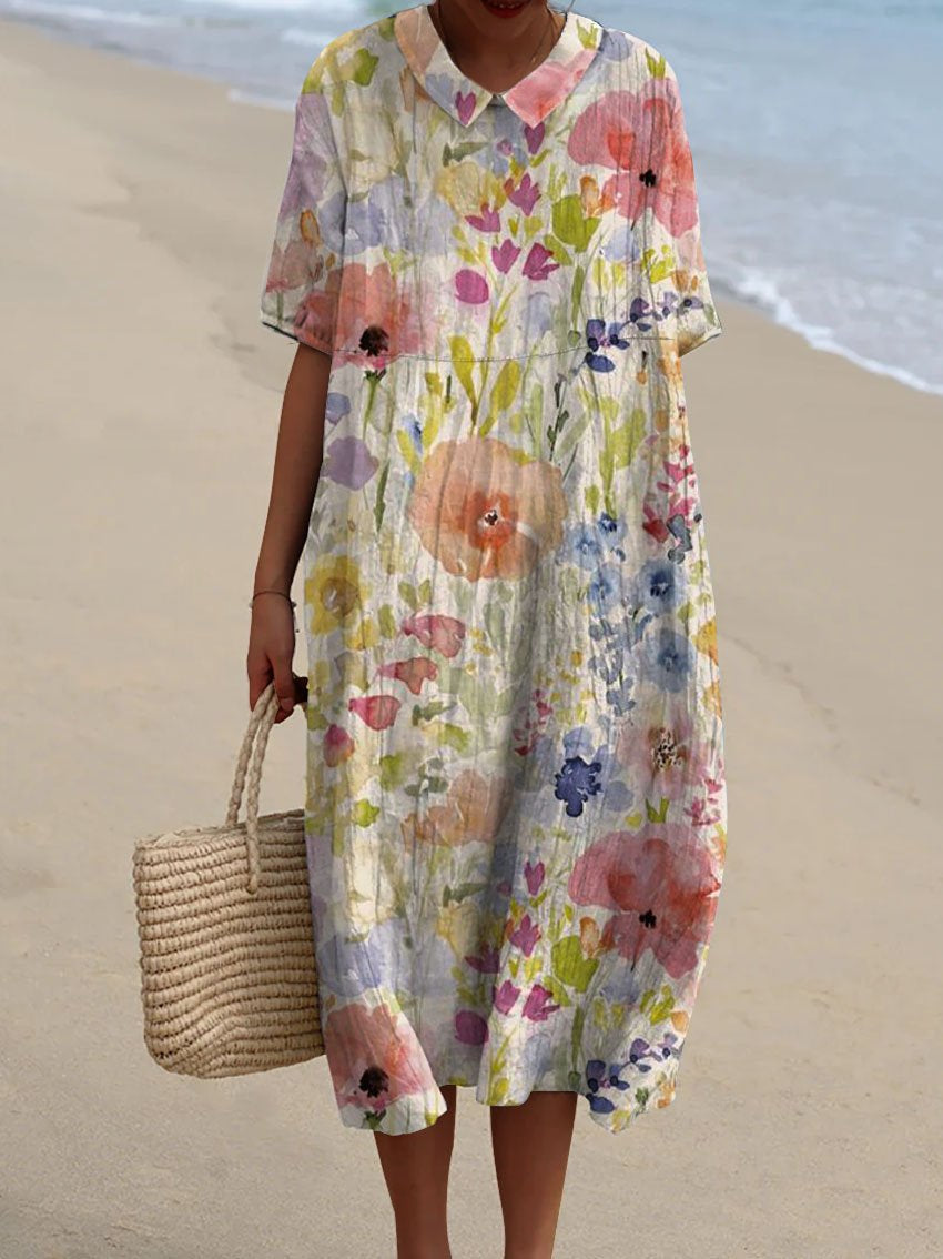 Women's Vintage Lovely Floral Art Print Pocket Linen Dress(Convertible Dress With Front And Back Option)