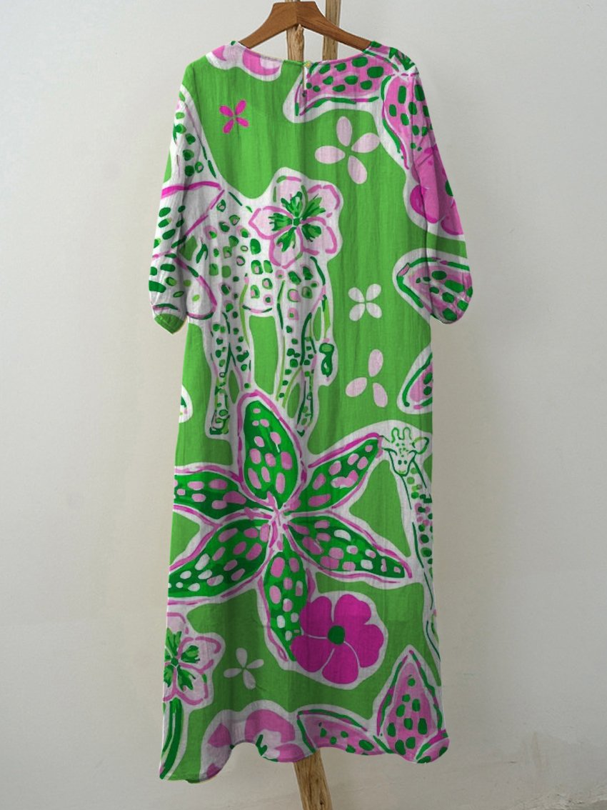Women's Vintage Green Floral Print Pocket Cotton Dress