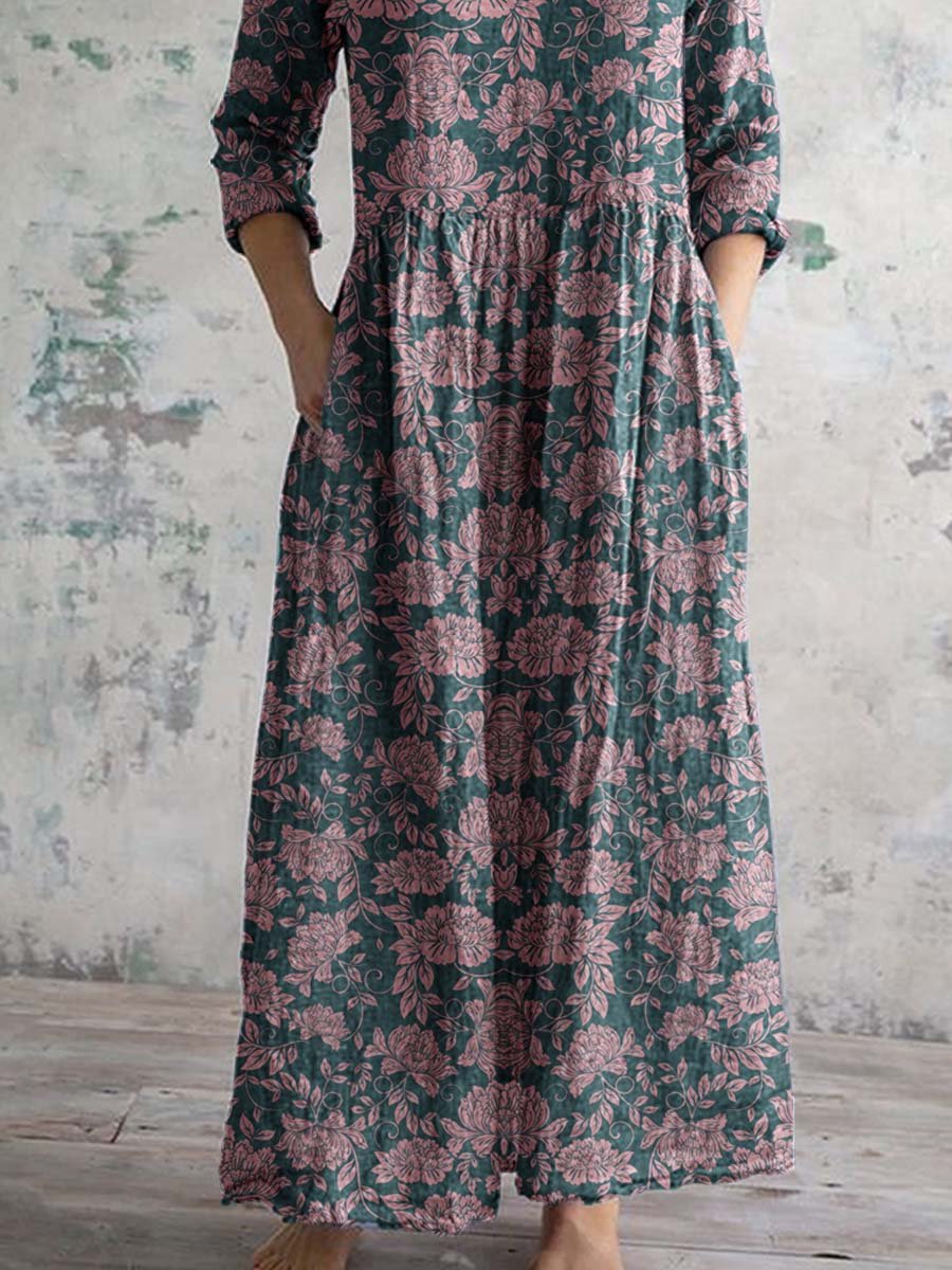 Women's Simple Elegant V Neck Floral Pattern Cotton Fabric Dress with Pockets