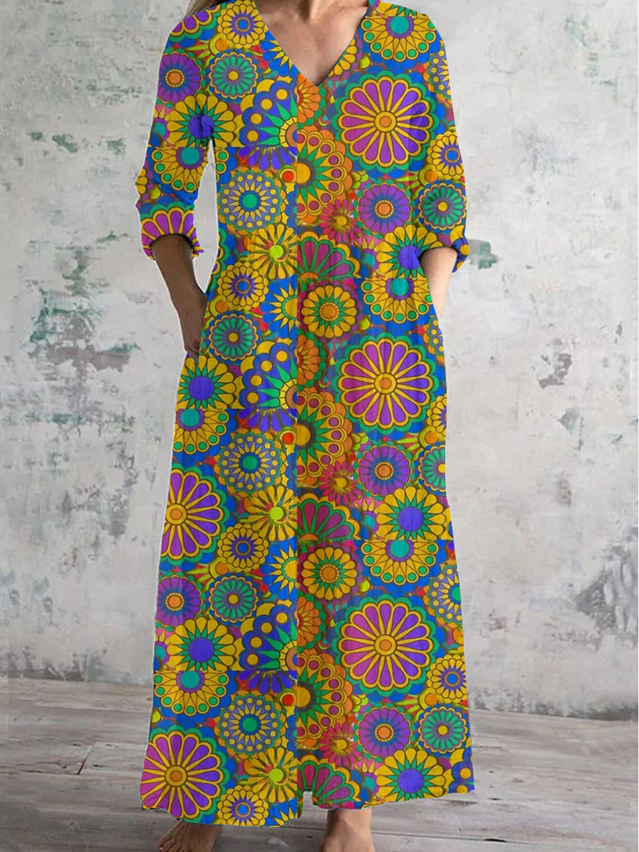 Women's V Neck Art Hippie Floral Pattern Dress with Pockets