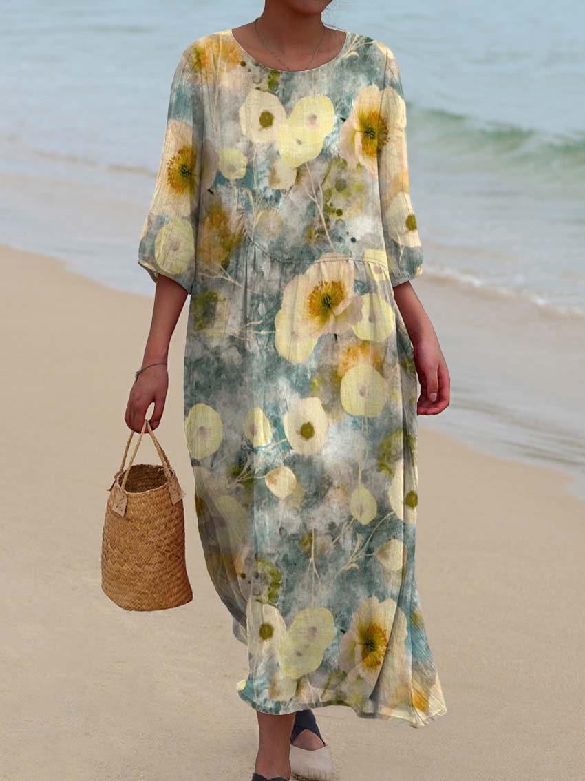 Women's Elegant Yellow Floral Print Pocket Cotton Dress