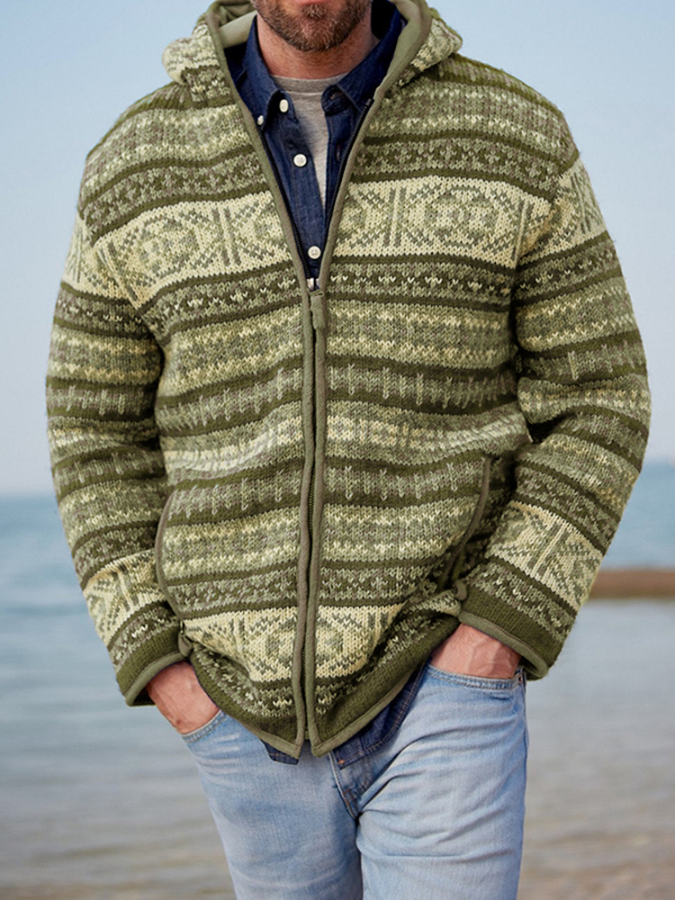 Mens Vintage Fair Isle Knitted Hooded Cardigan