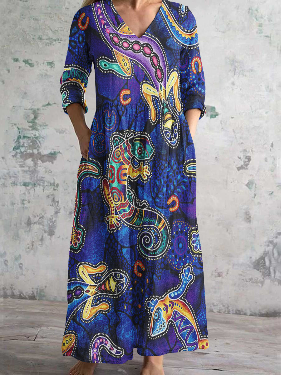 Women's V Neck Lizard Painting Art Cotton Linen Pocket Dress