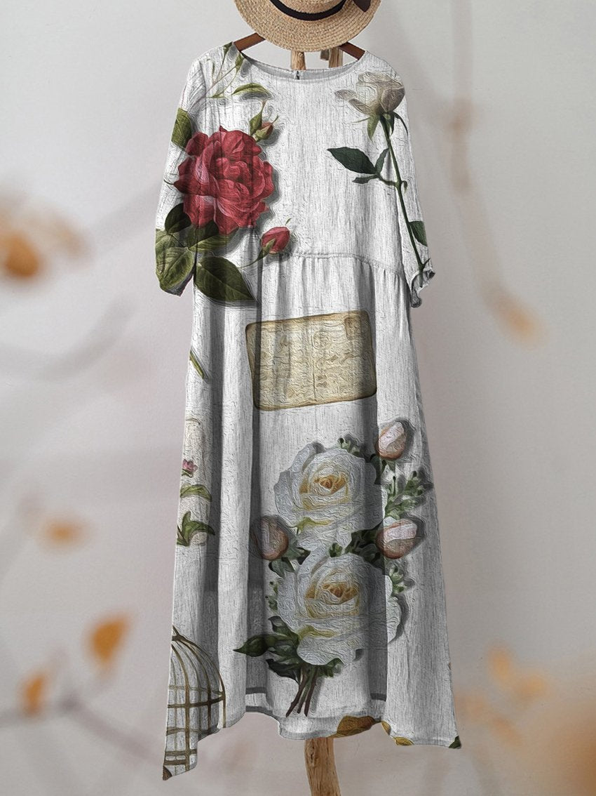 Women's Oil Painting Texture Collage Rose Print Pocket Cotton Dress