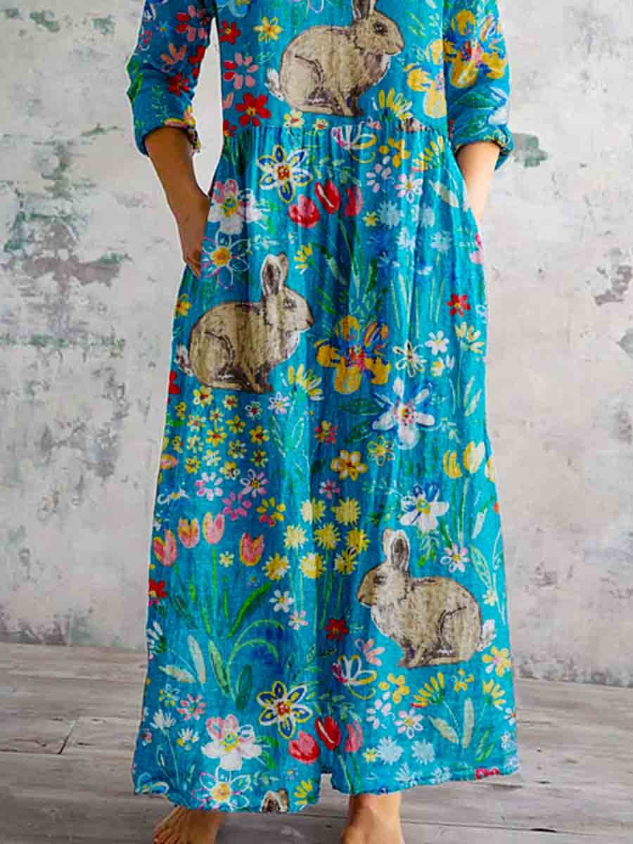 Women's Rabbit Floral Pastoral Pattern V-Neck Dress with Pockets