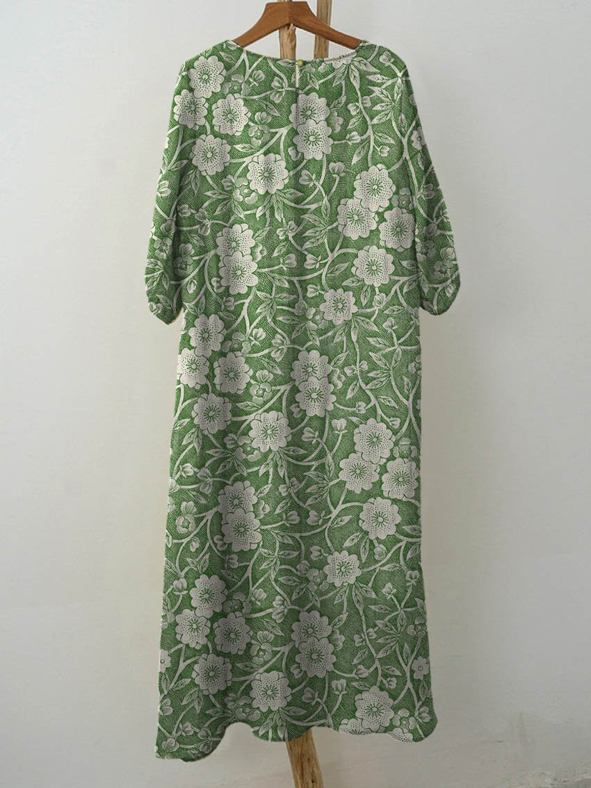 Women's Vintage Floral Art Print Pocket Cotton Dress