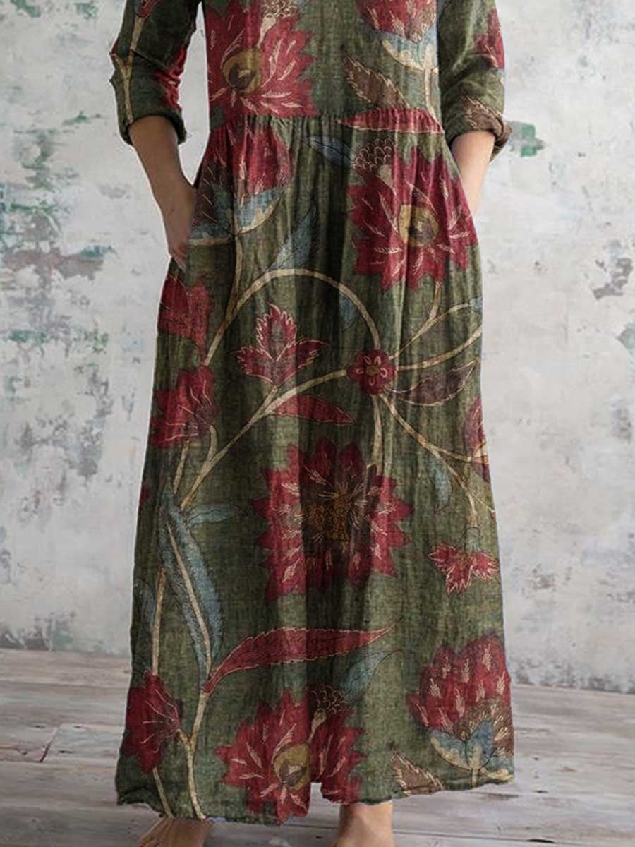 Women's Elegant Floral Pattern V-Neck Cotton Fabric Dress with Pockets