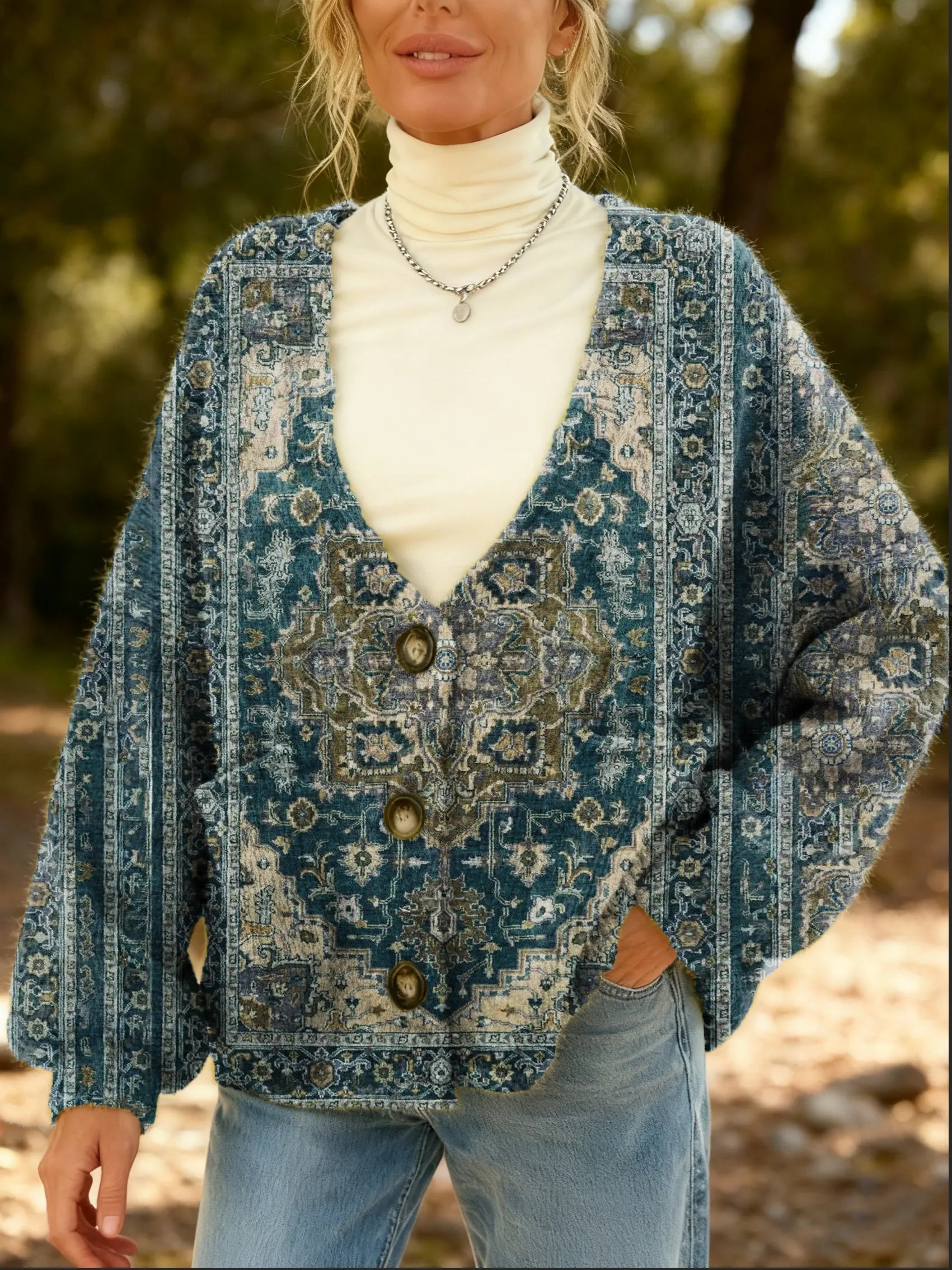 Women's Vintage Ethnic Pattern Art Print Cardigan With Pockets