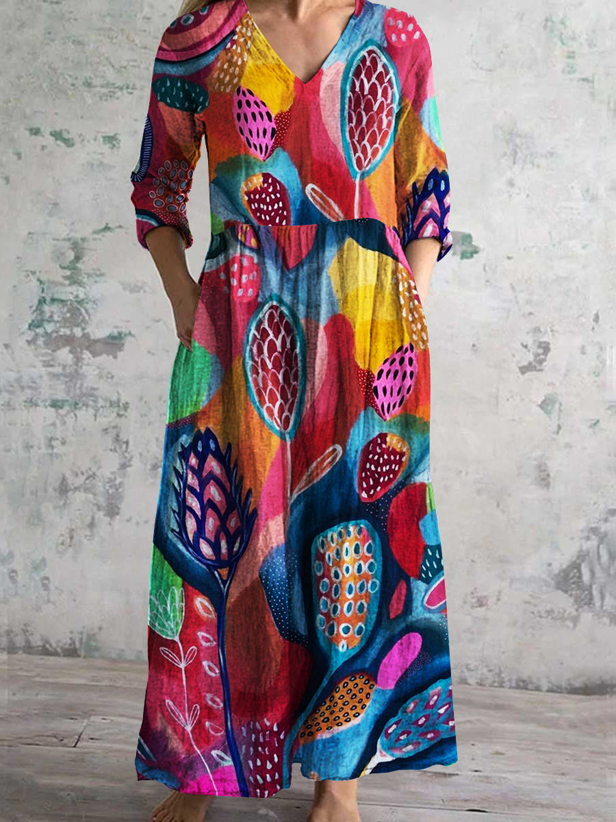 Women's V-Neck Elegant Romantic Abstract Pattern Cotton Linen Dress