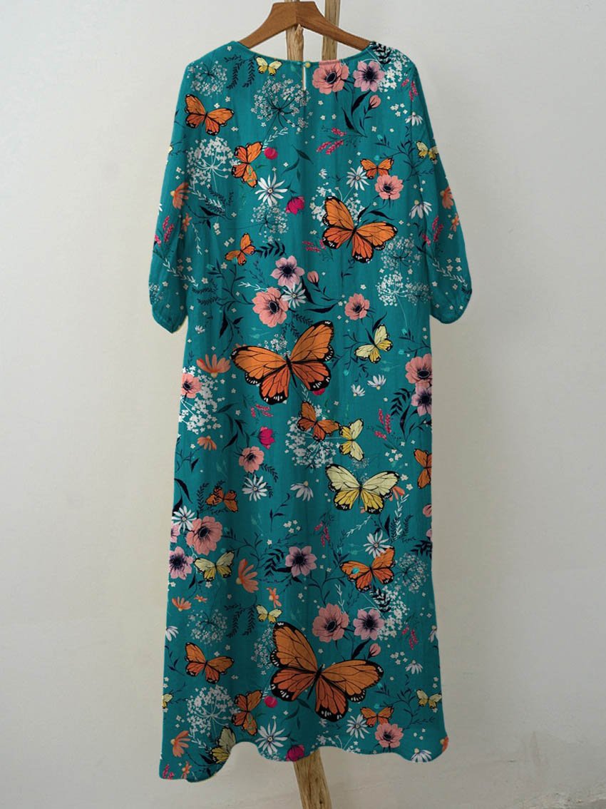 Women's Vintage Floral Butterflies Art Print Pocket Cotton Dress