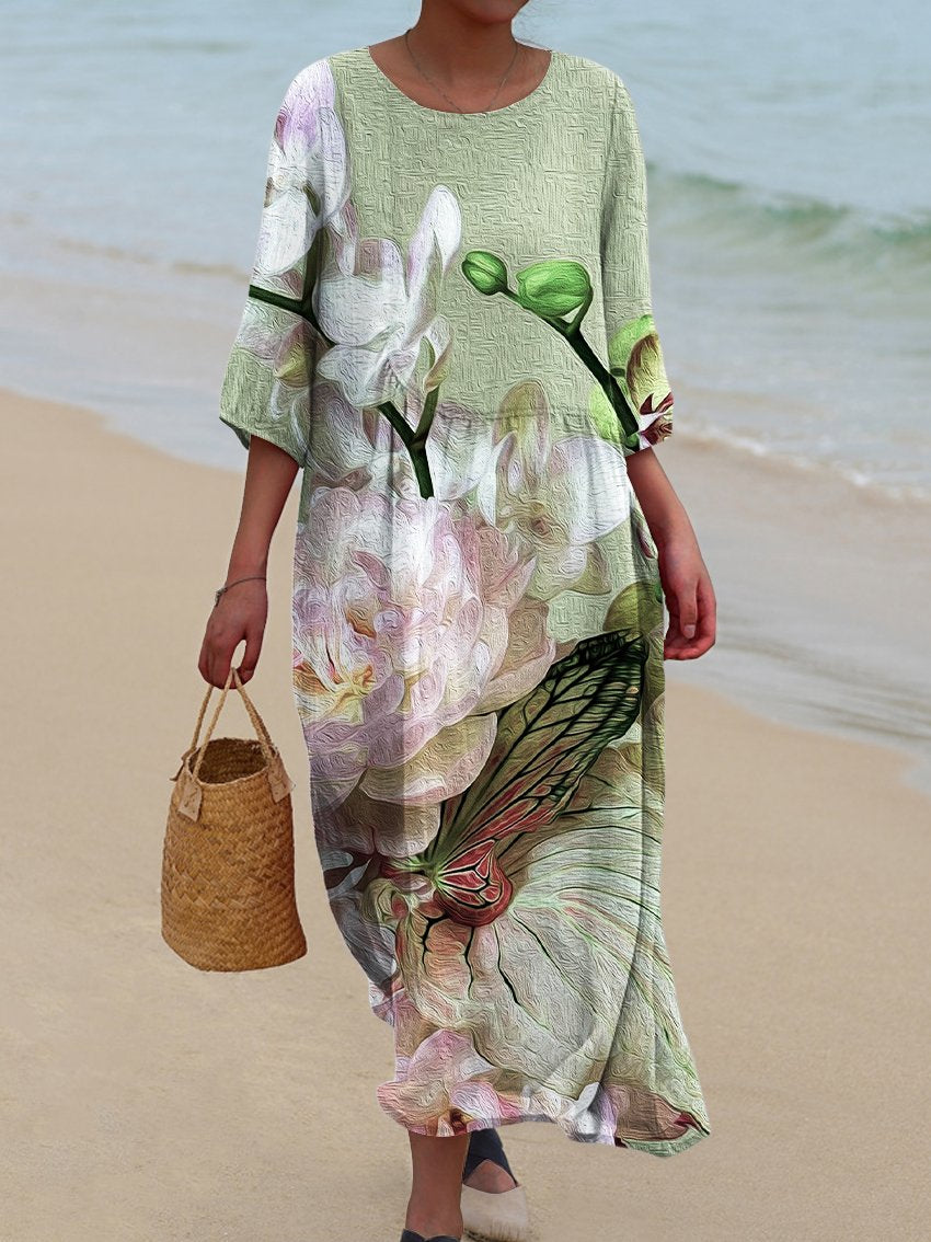 Women's Vintage Oil Painting Texture Floral Print Pocket Cotton Dress