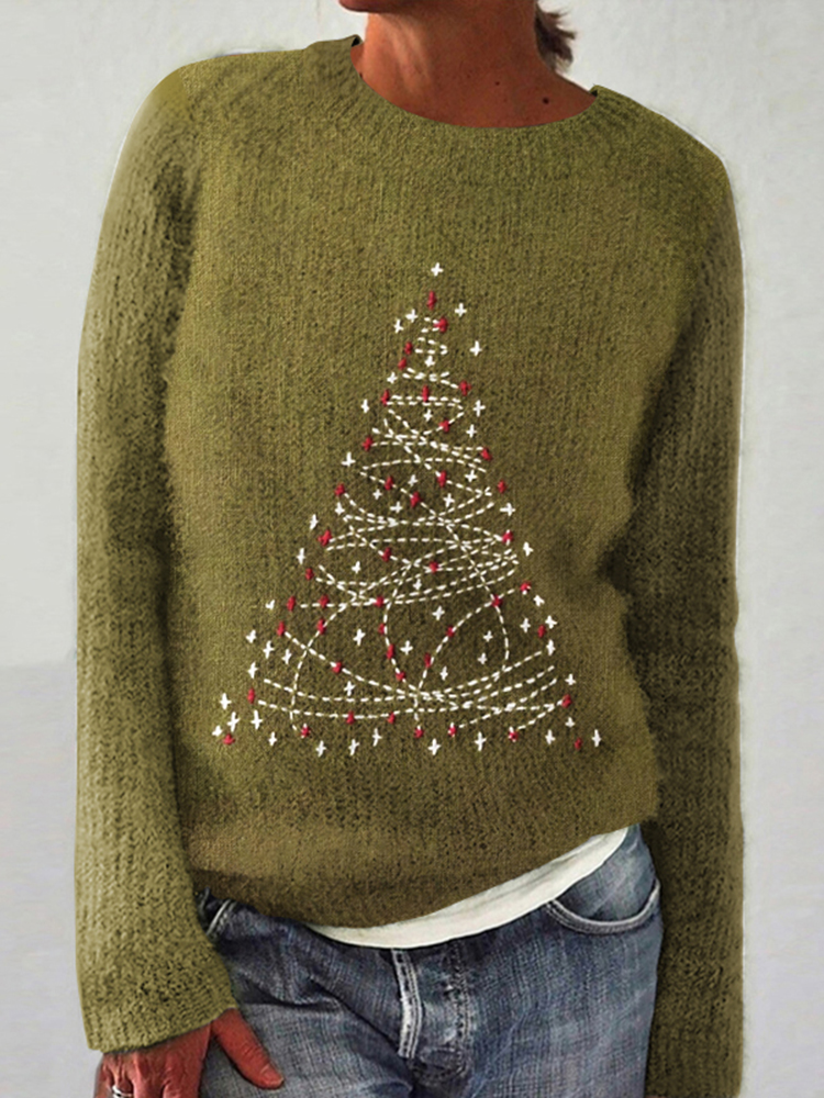 Christmas Tree Embroidery Art Cozy Knit Sweater