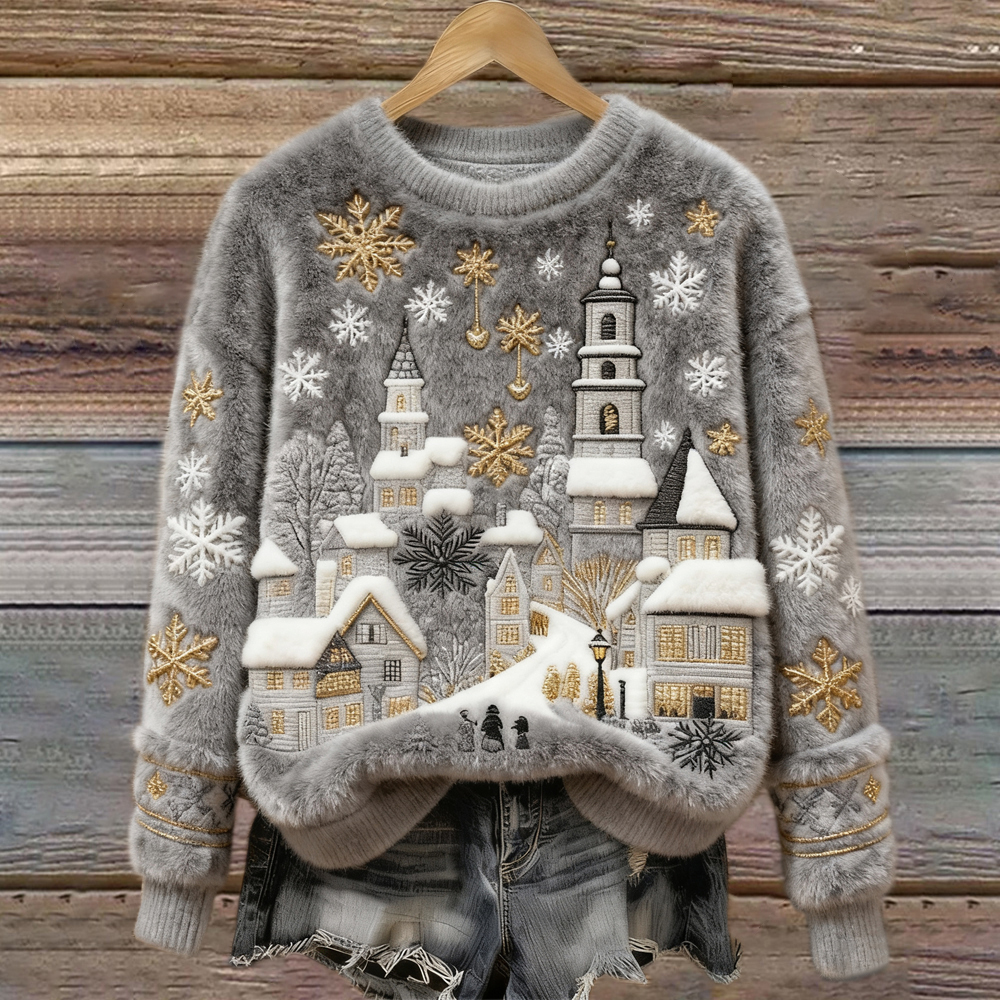 Christmas Snow Scene Embroidery Women's Cozy Plush Sweater