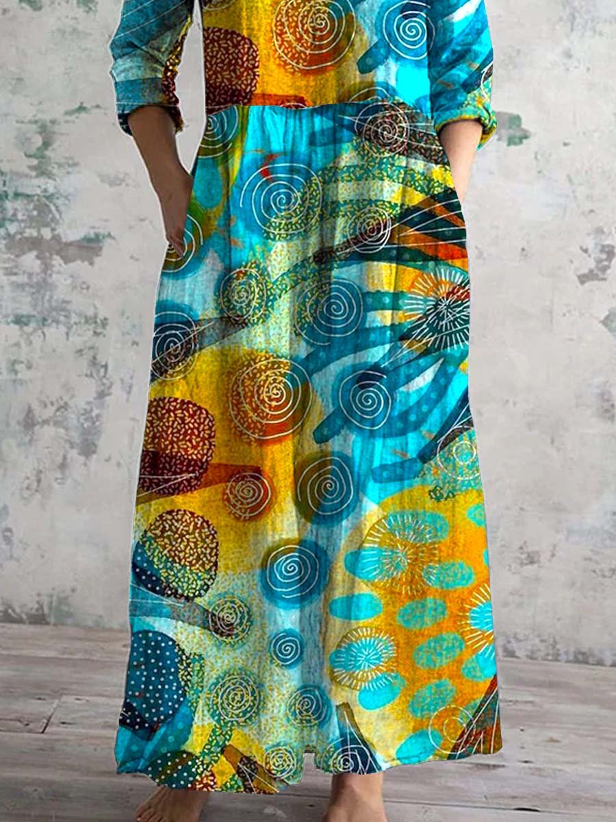 Women's V-neck Underwater World Seaweed Cotton And Linen Dress With Pockets