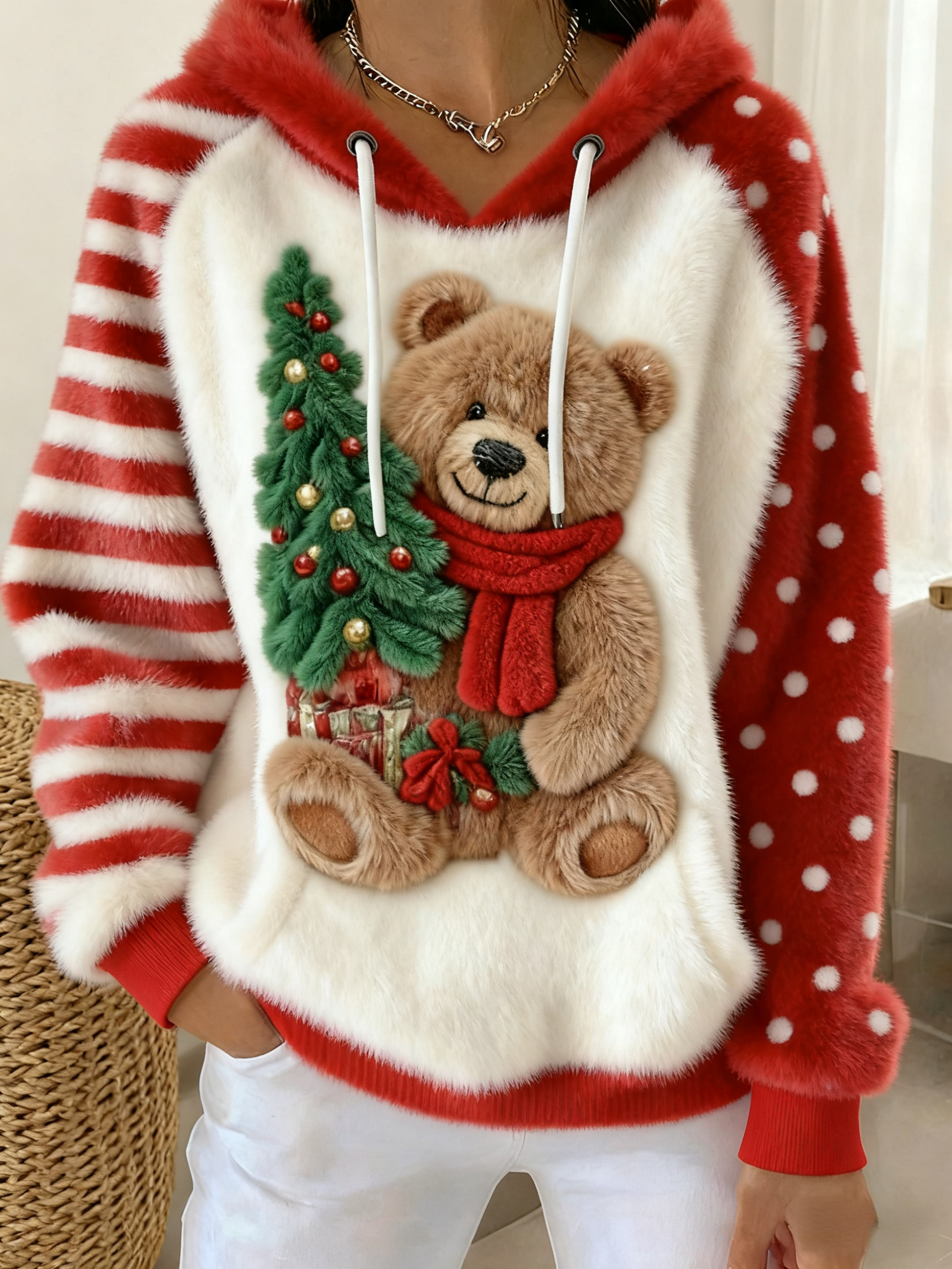 Christmas Colorblock Tree Bear Art Women's Cozy Plush Hooded Sweater