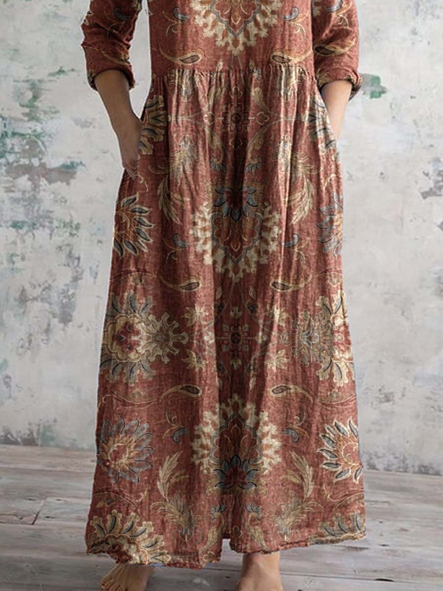 Women's V-neck Elegant Vintage Floral Pattern Cotton Shirt Dress