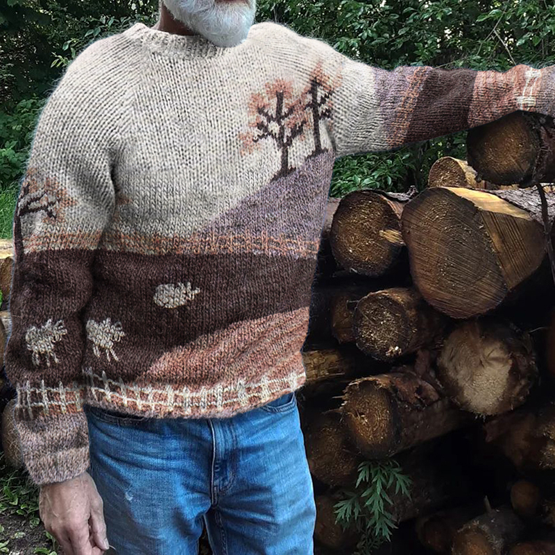 Mens Vintage Fair Isle Sheep Knitted Art Cozy Knit Sweater