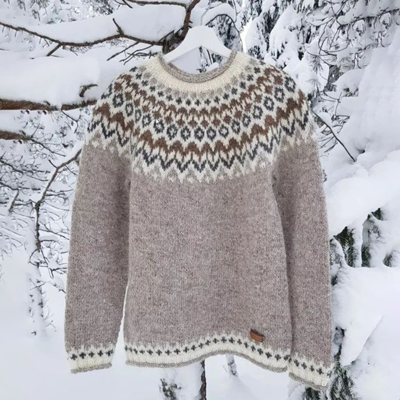 Vintage Icelandic Knit Jacquard Islender Crew Neck Sweater(Unisex)