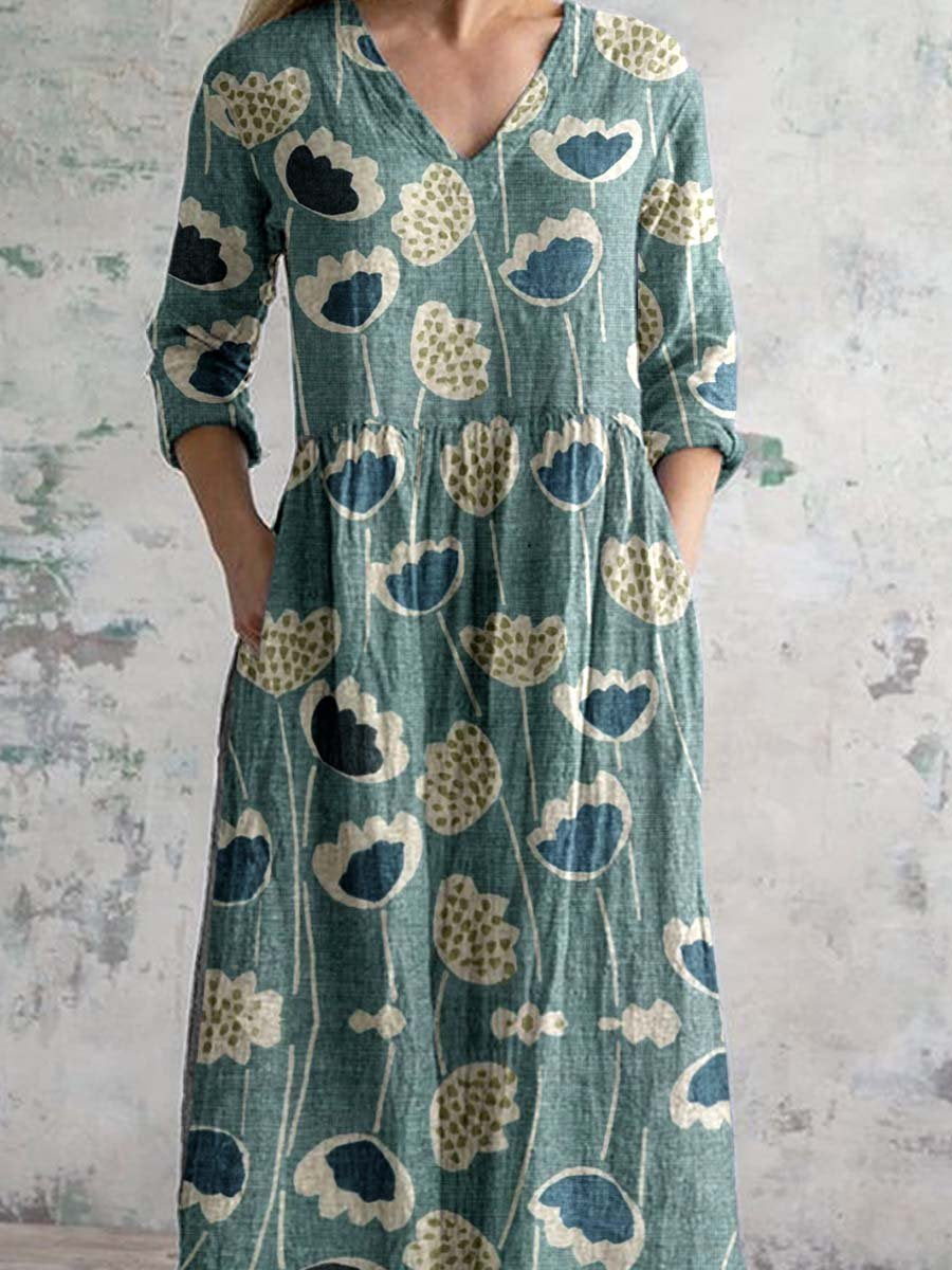 Women's V-neck Elegant Vintage Floral Pattern Cotton Shirt Dress