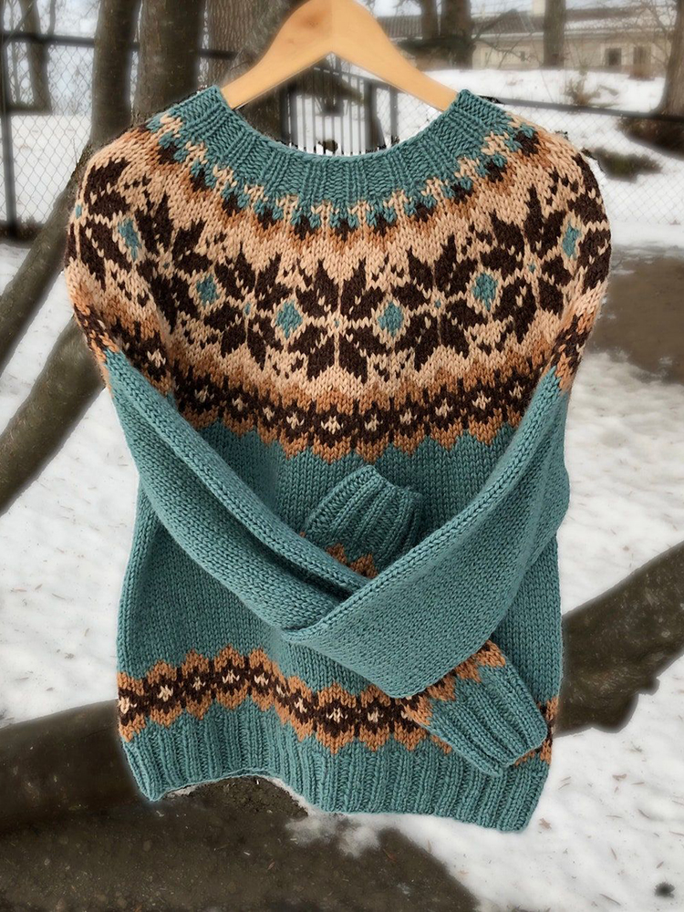 Retro Ethnic Pattern Jacquard Crew Neck Sweater