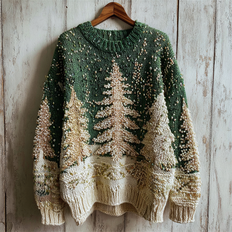 Christmas Trees Snowy Forest Beaded Cozy Knit Sweater