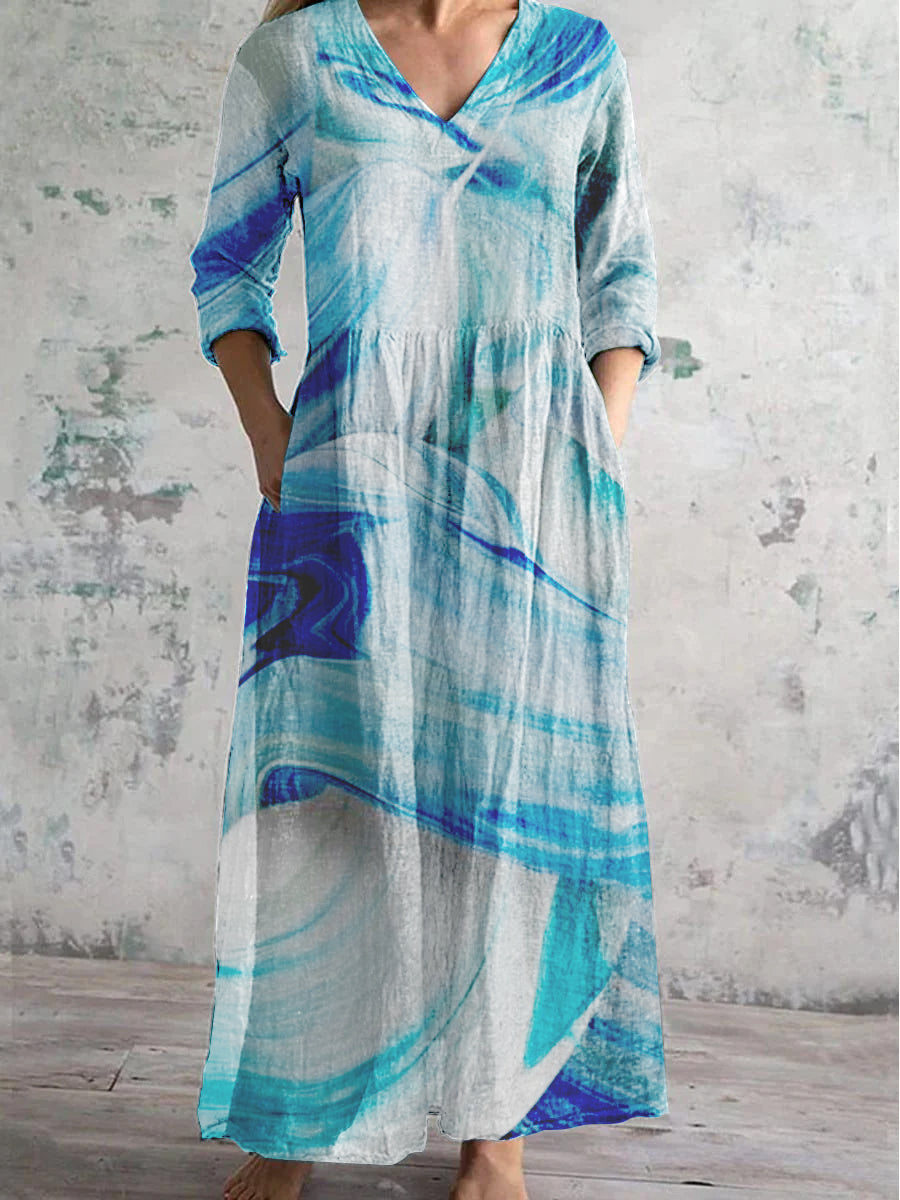 Women's V Neck Art Rose Floral Pattern Dress With Pockets