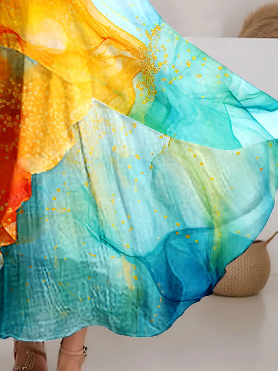 Women's Watercolor Splash Fluid Art Print Flowy Dress
