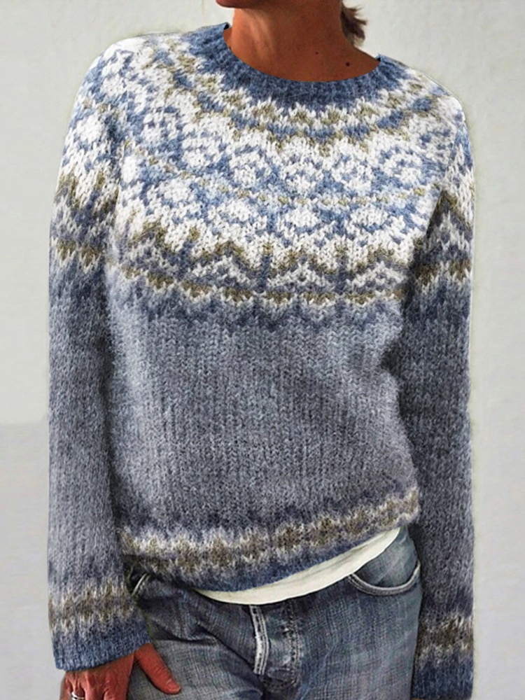 Retro Snowflake Wave Pattern Contrast Print Crew Neck Sweater