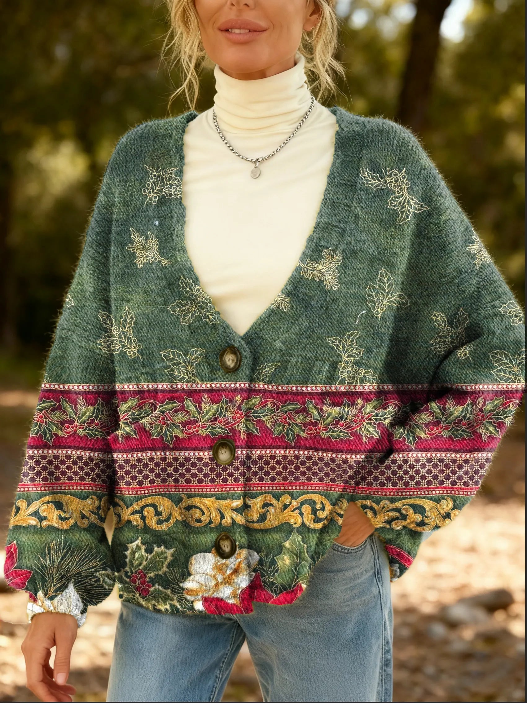 Women's Vintage Floral Pattern Art Print Cardigan With Pockets