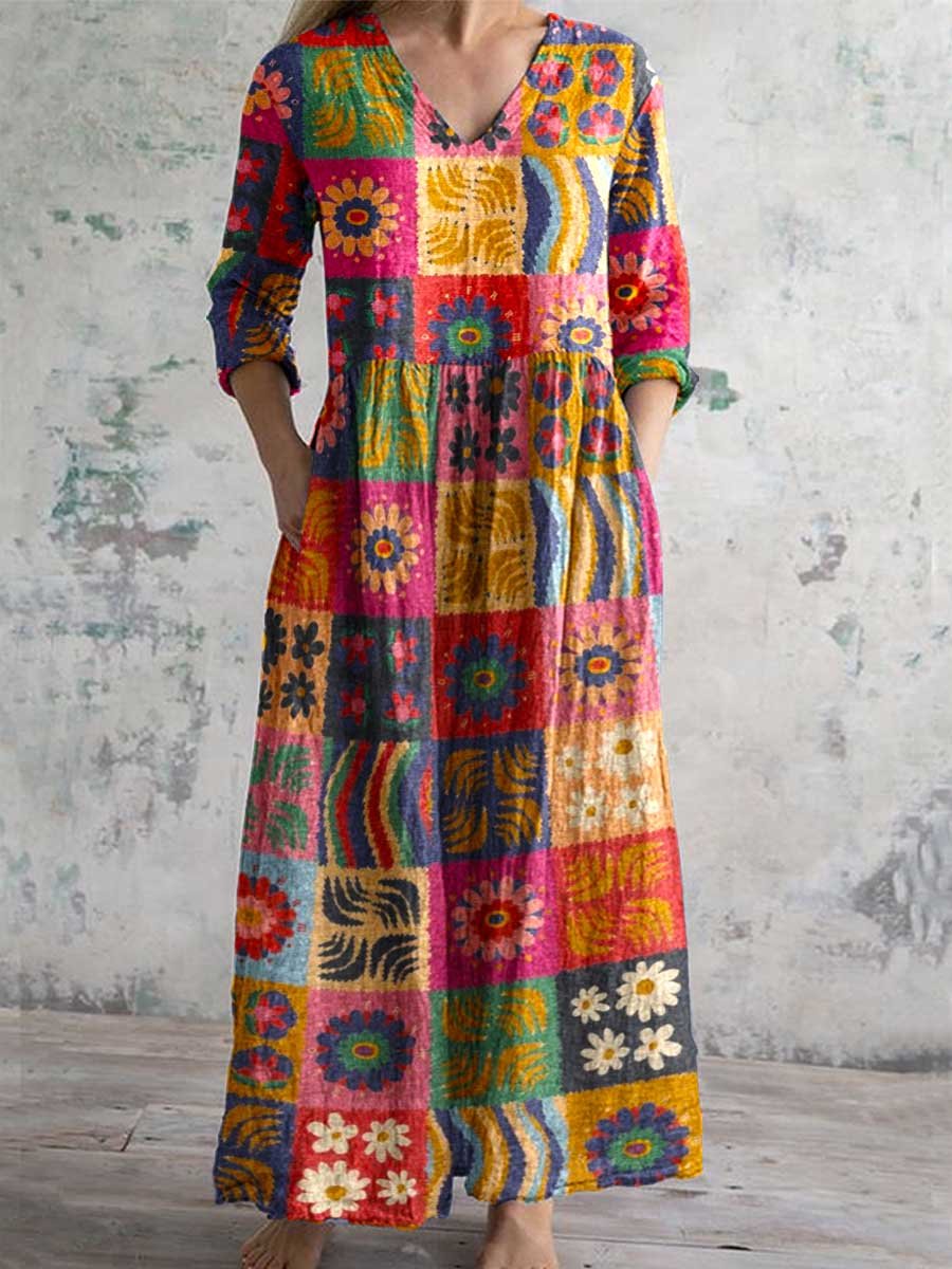 Women's V-neck  Abstract Art Floral Pattern Collar Cotton Dress With Pockets