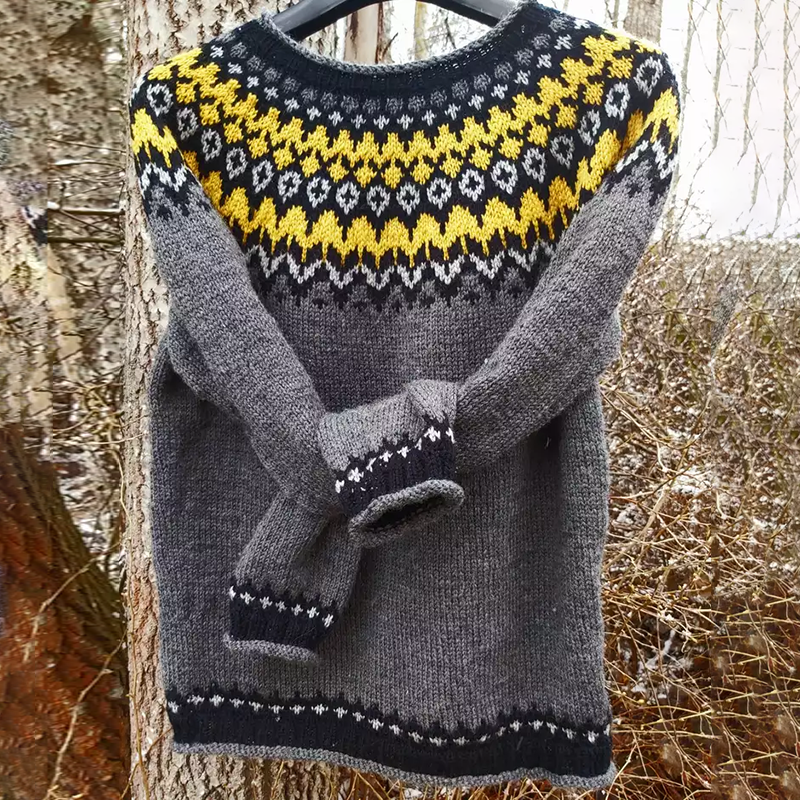 Vintage Gray Icelandic Knit Jacquard Warmth Crew Neck Sweater Unisex