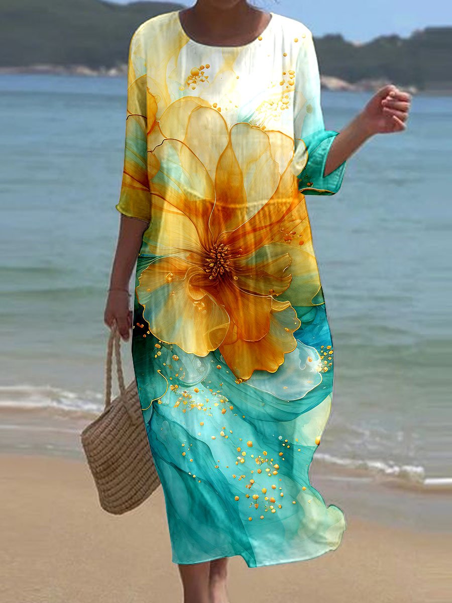 Women's Watercolor Splash Fluid Art Print Flowy Dress