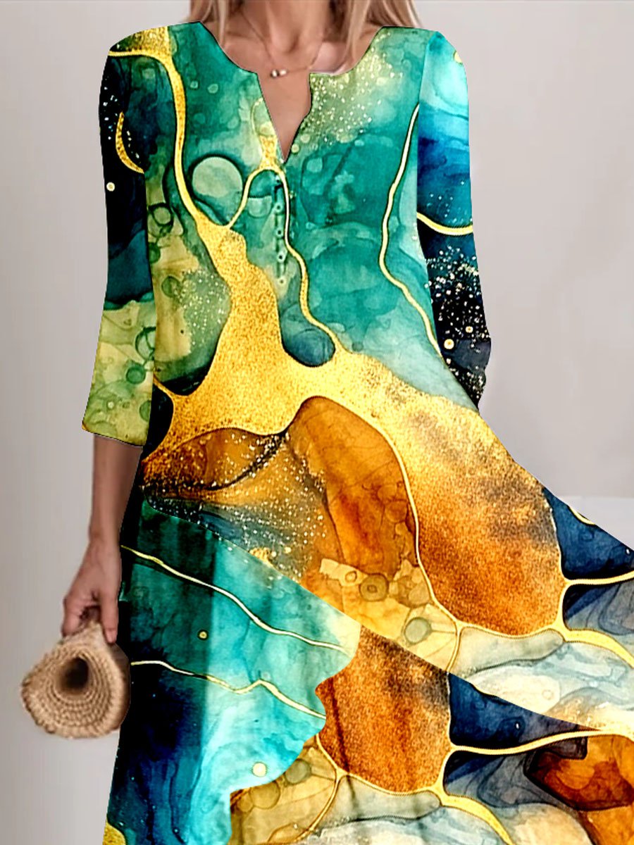 Women's Watercolor Splash Fluid Art Print Flowy Dress