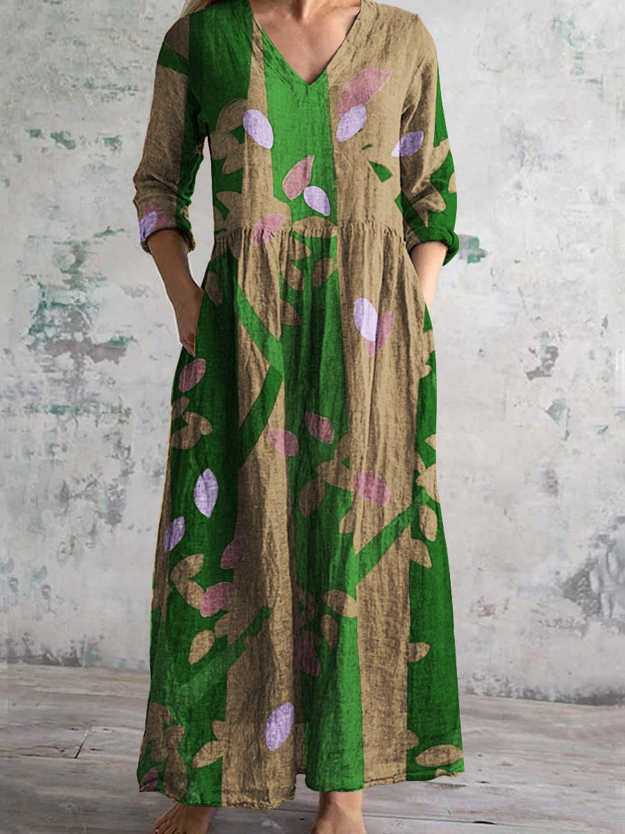 Women's V-neck Vintage Irregular Pattern Cotton Linen Dress