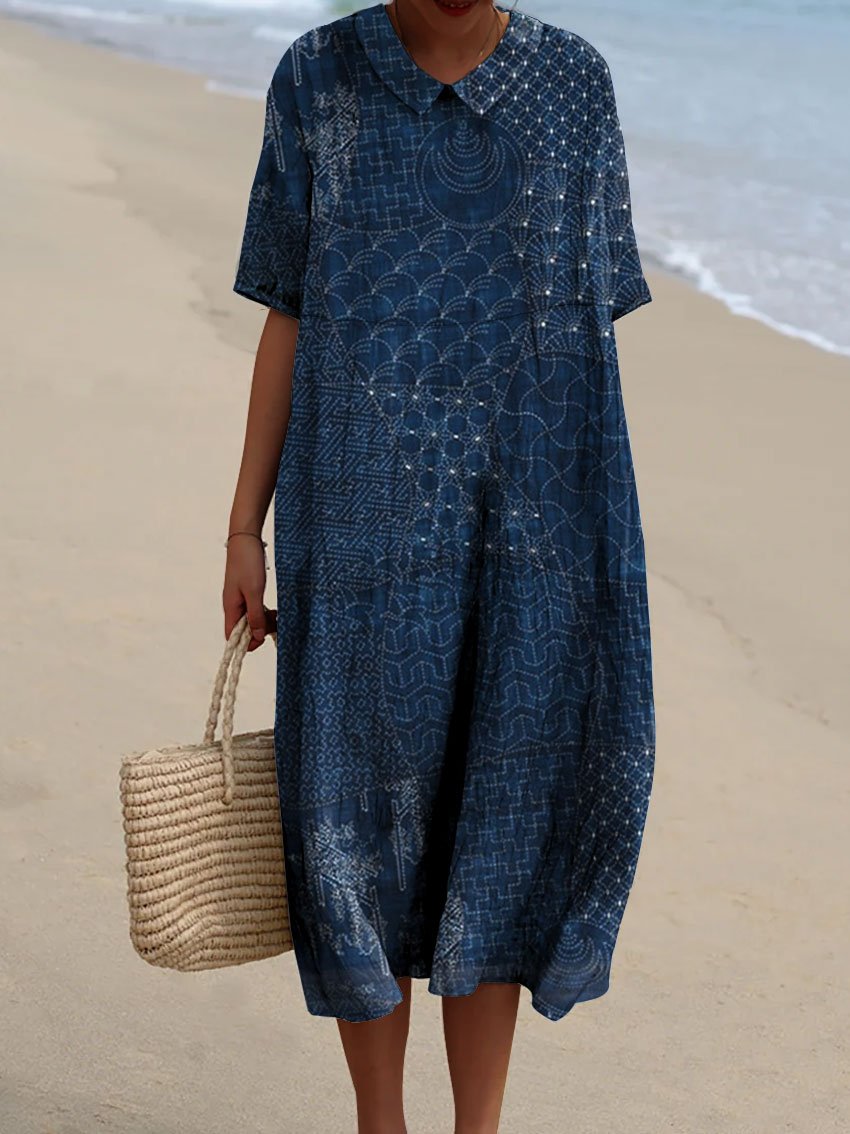 Women's Japanese Art Print Cotton And Linen  Dress