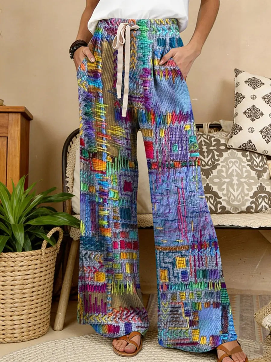 Women's Ethnic Patchwork Art Pattern Print Comfortable Drawstring Knit Trousers