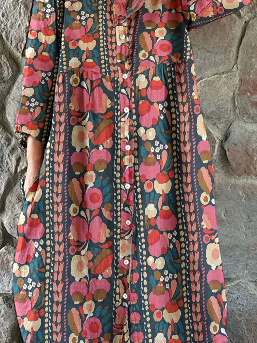 Women's Elegant Geometric Floral Shirt Style Cotton and Linen Dress