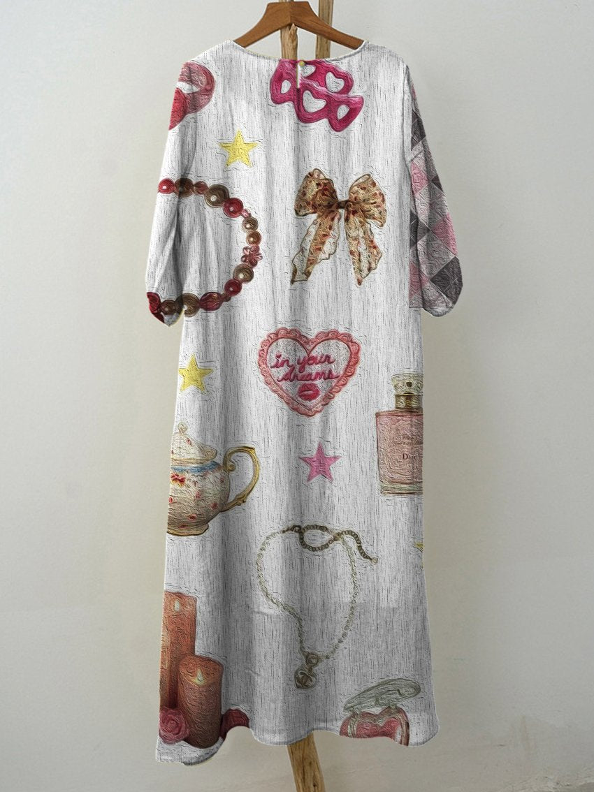 Women's Oil Painting Texture Collage Cute Bow Print Pocket Cotton Dress