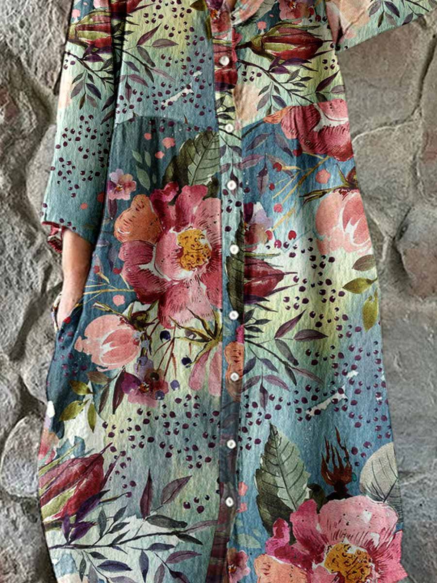 Women's Elegant Floral Print Cotton and Linen Shirt Dress