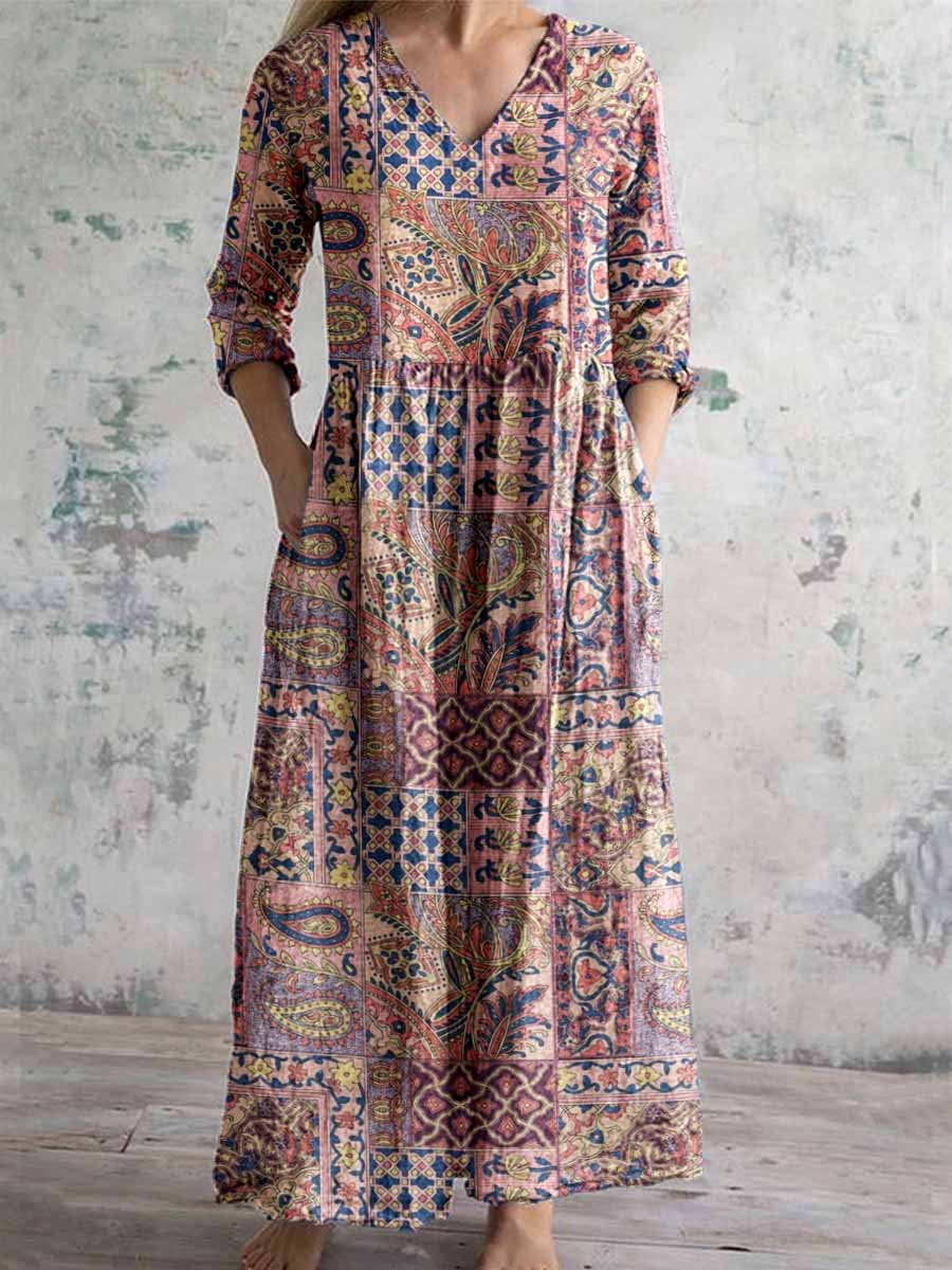 Women's Kantha Style Floral Pattern V Neck Cotton Fabric Dress with Pockets