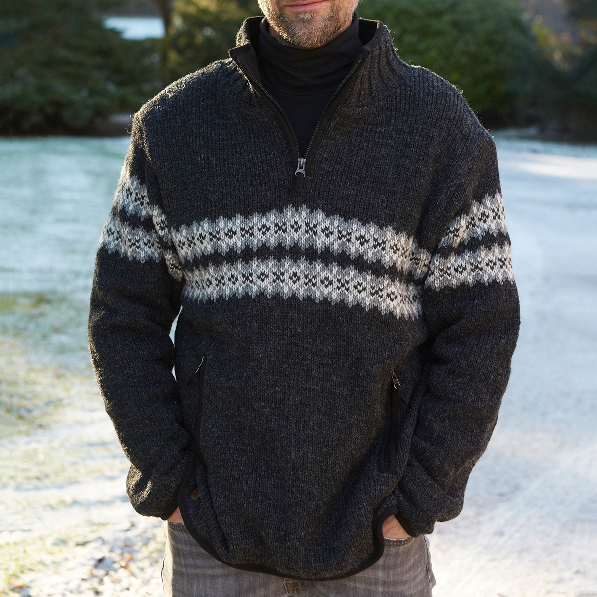 Vintage Warmth Norwool Icelandic Knit Jacquard Half Zip Collar Sweater