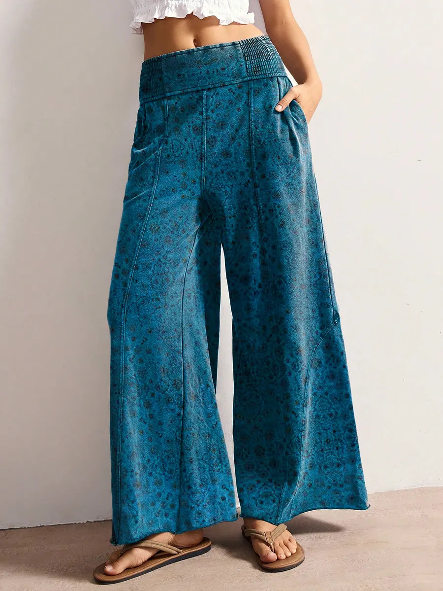 Ethnicity Dark Blue Totem Women's Art Print Elastic Wide-leg Pants