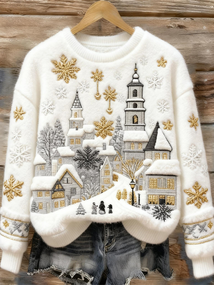 Christmas Snow Scene Embroidery Women's Cozy Plush Sweater