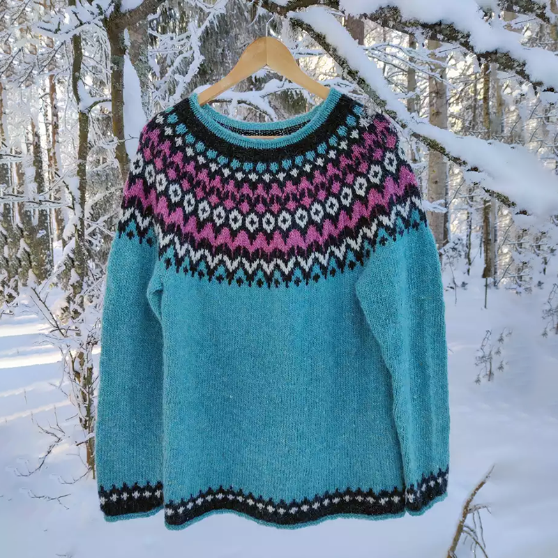 Unisex Vintage Icelandic Blue Knit Jacquard Warmth Crew Neck Sweater