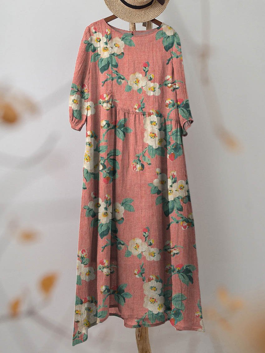 Women's Vintage Floral Art Print Pocket Cotton Dress