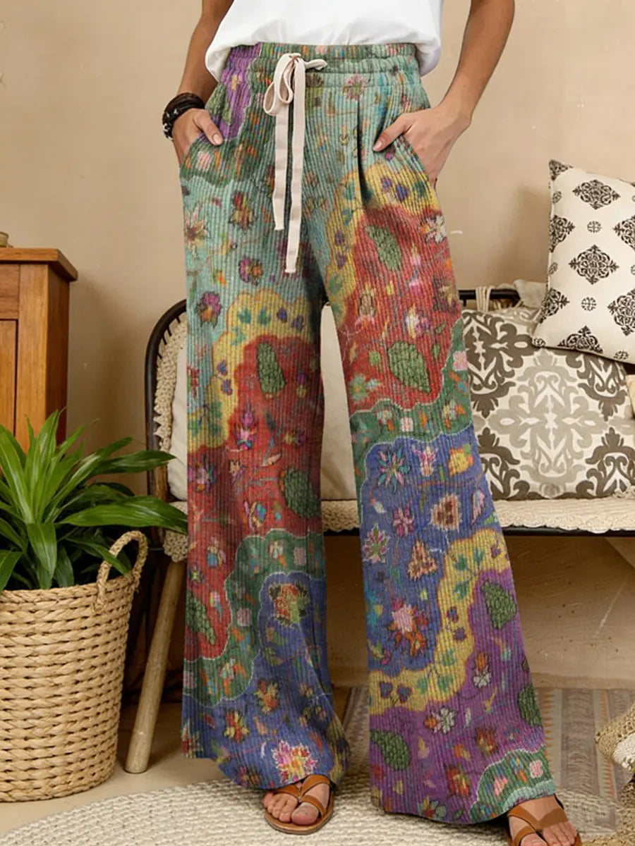 Women's Bohemian Floral Wave Collage Art Print Comfortable Drawstring Knit Trousers